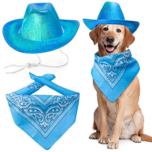 Yewong Cowboyhut-Kostüm für Hunde, Katzen, metallisch, glänzend, mit Paisleymuster, Bandana, West-Cowboy-Zubehör für Haustiere, metallisches Blau von Yewong