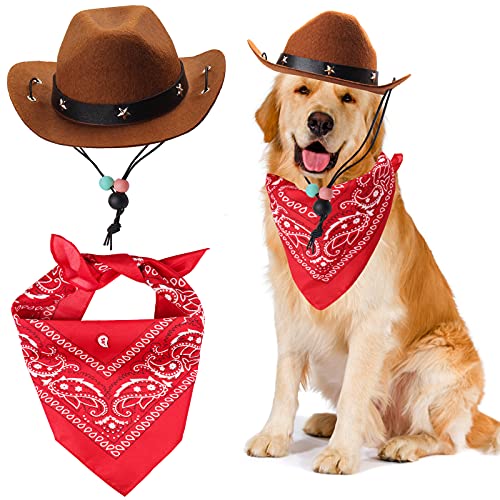 Yewong Haustier-Cowboy-Kostüm, Zubehör, Hund, Katze, Haustiergröße, Cowboyhut und Bandana, Schal, West-Cowboy-Zubehör für Welpen, Kätzchen, Party, Festival und tägliches Tragen, Set von 2 (Kaffee) von Yewong