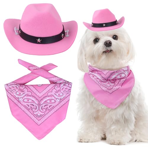 Yewong Haustier Cowboy Kostüm Zubehör Hund Katze Haustier Größe Cowboy Hut und Bandana Schal West Cowboy Zubehör für Welpen Kätzchen Party Festival und tägliches Tragen Set von 2 (Rosa) von Yewong