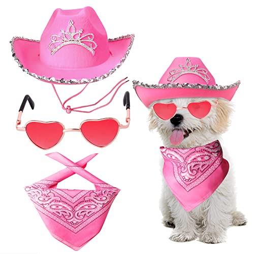 Yewong Haustier Rosa Cowboy Hut Kostüm Zubehör Set Hund Katze Größe Rosa Cowgirl Prinzessin Hut mit Krone Tiara Bandana/Schal Sonnenbrille für Katze Welpen Western Kostüm Täglich Tragen Foto von Yewong