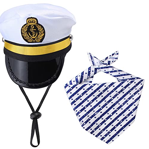 Yewong Pet Captain Matrosen Kostüm Set Hund Katze Meer Kapitän Hut mit Haustier Anker Triangle Lätzchen Schal für Katze Welpe Navy Halloween Cosplay Kostüm Zubehör Foto Requisiten (Weiß-K) von Yewong