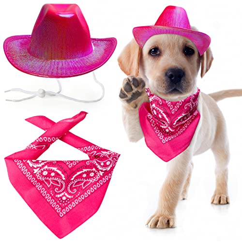 Yewong Pet Neon Sparkly Glitter Space Cowboy Hut Kostüm Set Hund Katze Metallic Space Shiny Cowboy Hüte mit Paisley Bandana West Cowboy Zubehör für Haustiere (Metallic Rose Red) von Yewong