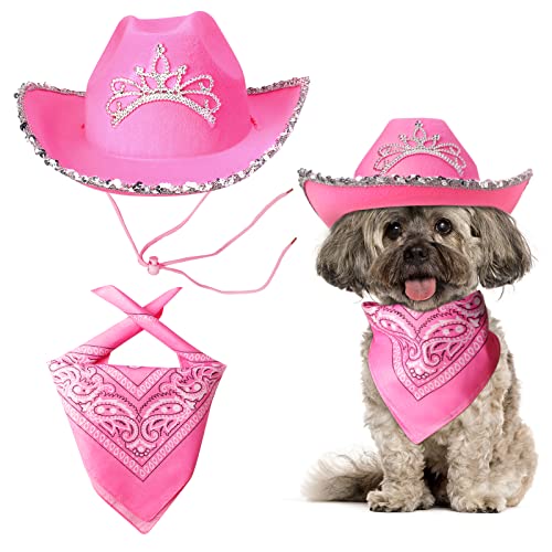 Yewong Rosa Cowboyhut Kostüm Zubehör Set Hund Katze Größe Rosa Cowgirl Prinzessin Hut mit Krone Tiara Halstuch Schal für Katze Welpe Western Kostüm Tägliches Tragen Foto Requisiten (Set A) von Yewong