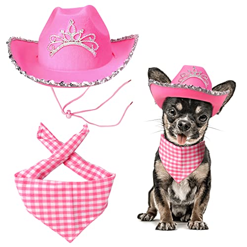 Yewong Rosa Cowboyhut Kostüm Zubehör Set Hund Katze Größe Rosa Cowgirl Prinzessin Hut mit Krone Tiara Halstuch Schal für Katze Welpe Western Kostüm Tägliches Tragen Foto Requisiten (Set B) von Yewong