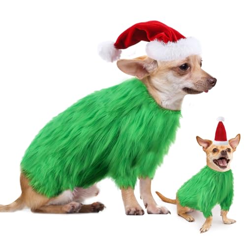 Yeyeplum Hunde-Weihnachtsoutfit grünes pelziges Monster-Shirt mit Weihnachtsmannmütze, Hunde-Weihnachtskostüm für Halloween, Cosplay, Weihnachten, Haustierkostüme von Yeyeplum