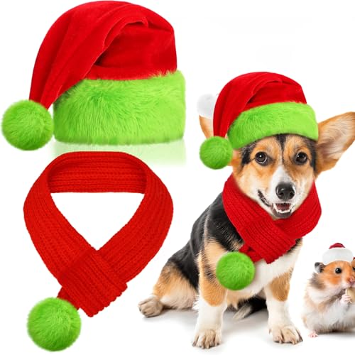 Yeyeplum Weihnachtsmütze für Hunde und Katzen, Weihnachtsmannmütze mit Schal, Limettengrün, pelziges Haustier-Outfit, Kostüm, grün, verstellbare Weihnachtsmütze für Hunde, Strick, roter Schal für von Yeyeplum