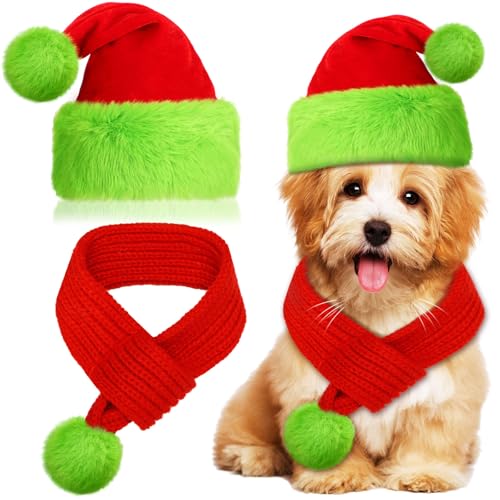 Yeyeplum Weihnachtsmütze für Hunde und Katzen, Weihnachtsmannmütze mit Schal, Limettengrün, pelziges Haustier-Outfit, Kostüm, grün, verstellbare Weihnachtsmütze für Hunde, Strick, roter Schal für von Yeyeplum