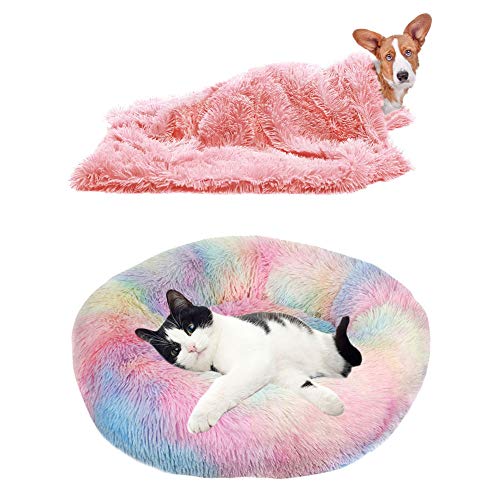 YiCTe Katzenbett Nettes Hundebett Waschbares Haustierbett Kissen Donut Hundebett Extra weich Bequem und geeignet für Katzen und kleine mittelgroße große Hunde (70 cm Durchmesser),Tie-Dye-Regenbogen von YiCTe