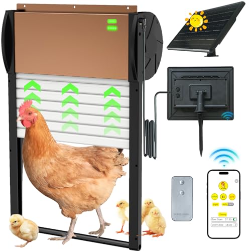 Automatische Hühnerklappe Solar, Solarbetriebener Öffner, mit Timer, Lichtsensor, APP/Fernbedienung, Anti-Pinch Design Aluminium elektrische hühnerklappe, Wetterfeste Hühnerklappe Türöffner-Braun von YiDianBuLiu