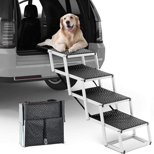 Hundetreppe für große Hunde, faltbare 4-stufige Hunderampe, Satiren für Auto, SUV, LKW, Hochbett, Couch, Aluminium-Hundetreppe unterstützt 68 kg, 43,2 cm breit, 63,5 cm hoch von YiDianBuLiu