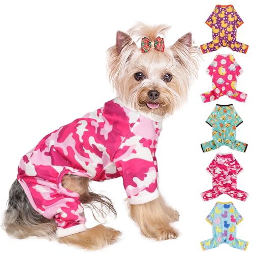 Hunde-Pyjama, kleine Größe, für Jungen und Mädchen, Baumwolle, dehnbar, Haustier-Jammies, Welpen-Outfits für Hündinnen und Männer, Frühling Sommer, Hunde-Pyjama (rosa Tarnmuster, XS) von Yikeyo