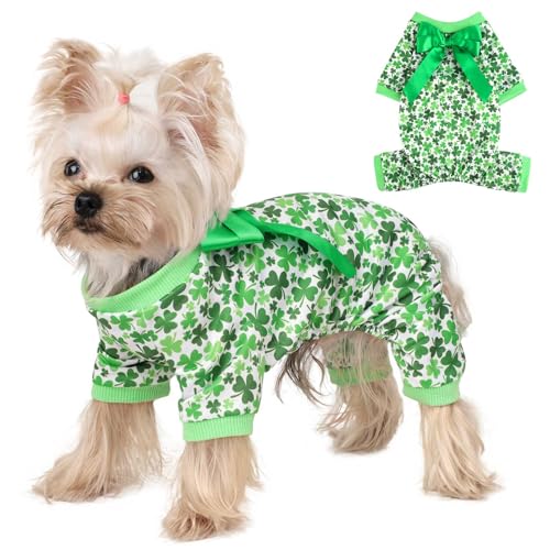 St Patricks Day Hundekleidung für kleine Hunde, Mädchen und Jungen, Hundekostüm, Kleeblatt-Druck, weicher Welpen-Schlafanzug, lustig, Haustier, Katze, Welpen, Urlaubs-Outfit, irisches festliches von Yikeyo