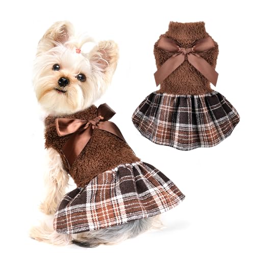 Yikeyo Fuzzy Dog Plaid Sweater Kleid, Winter Warme Hündinnen Kleidung für kleine Hunde Mädchen, Haustier Outfit, Katzenbekleidung (Medium, Braun) von Yikeyo