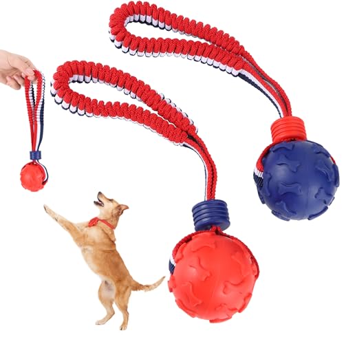 YiliYa Hundeball auf einem Seil, 2 Stück Ø 7cm Interaktiver Naturkautschuk Ball Hund zum Apportieren, Fangen, Werfen und Ziehen des Krieges, 30cm (Blau + Rot) von YiliYa