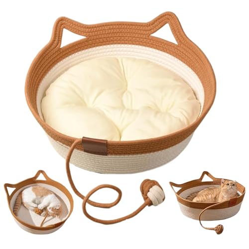 Yililay Katzenkorb 2-in-1-Baumwollseil gewebte Katzenkörbe mit Spielzeugschwanz, kratzfestes Kätzchenbett mit weichem Kissen, Korbkorb mit Autokorb für weniger als 4 kg Katzen, m von Yililay