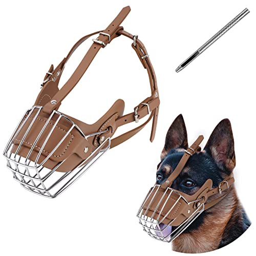 Hundemaulkorb, Metall-Gesichtskorb, Hundemund, atmungsaktiv, verstellbar, Lederleine, geeignet für große mittelgroße Hunde (Braun L) von Yinrikom