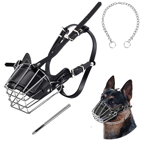 Yinrikom Hundemaulkorb, Metall Hund Gesicht Korb, atmungsaktive Lederleine verstellbare Ausbildung Halsband Hundeleine für große Hunde mittlere Hunde. von Yinrikom