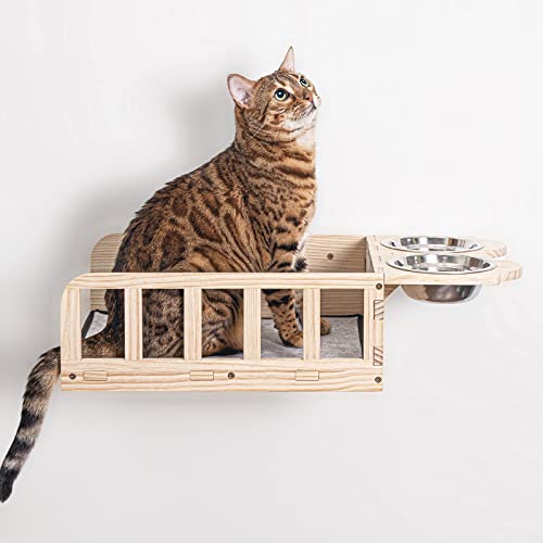 Yiotl Wandmontiertes Holz Katzenregal Bett mit zwei Schalen Holz Katzenfutterstation Indoor Katze Spielplattform Katzenstange Bett mit Matte von Yiotl