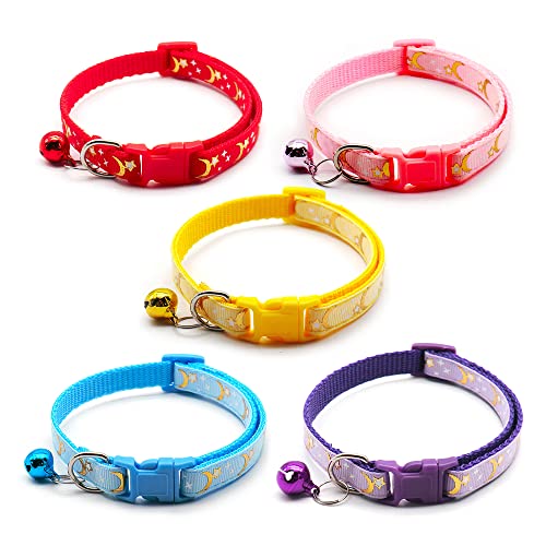 5 Stück verstellbare Katzenhalsbänder, Mond und Sterne, Kätzchenhalsband, Haustierhalsband mit Glöckchen, perfekt für Haustierbedarf, Sicherheitsschnalle für Haustiere (5 Farben) von Yitexin