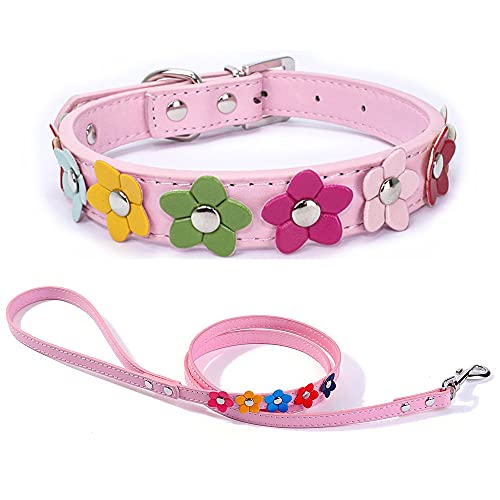 Blumen Halsband für Hund und Katze + Hundeleine, PU-Hundehalsband mit bunten Blumen, Verstellbares Halsband für Katzen und Welpen von Yiwong