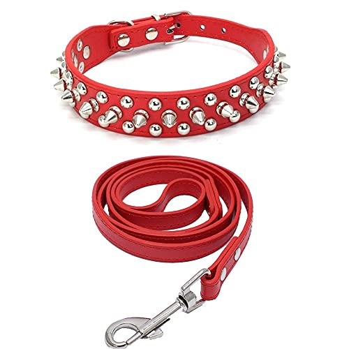 Yiwong Spiked Leather Hundehalsband Leine Set, Bullet Nail Rivet Hundehalsband, Hundehalsband aus Leder mit Nieten, für mittelgroße, Pitbull, englische Bulldogge (L, Rot) von Yiwong