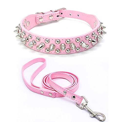 Yiwong Spiked Leather Hundehalsband Leine Set, Bullet Nail Rivet Hundehalsband, Hundehalsband aus Leder mit Nieten, für mittelgroße, Pitbull, englische Bulldogge (L, Rosa) von Yiwong