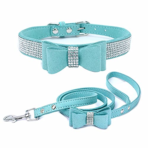 Yiwong Haustier Strass Kragen + Leine, Hundehalsband mit Strasssteinen für Hunde und Katzen, Bling Hundehalsband mit Funkelnden Strasssteinen aus koreanischer Wolle, Glitzernd (L, Hellblau) von Yiwong