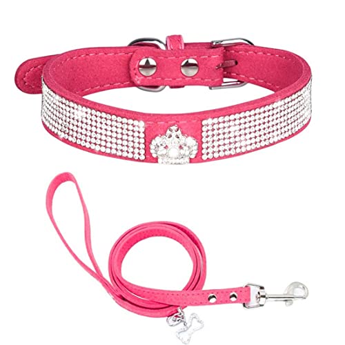 Yiwong Hundehalsband mit Strasssteinen + Hundeleine, Halsband mit Strass Schleife für Hunde und Katzen, Halsband für Hunde und Katzen, aus Weichem Wildleder von Yiwong