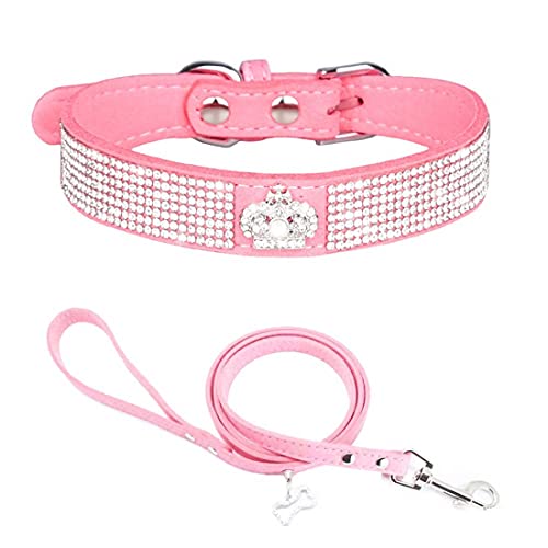 Yiwong Hundehalsband mit Strasssteinen + Hundeleine, Halsband mit Strass Schleife für Hunde und Katzen, Halsband für Hunde und Katzen, aus Weichem Wildleder von Yiwong