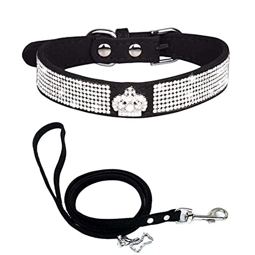 Yiwong Hundehalsband mit Strasssteinen + Hundeleine, Halsband mit Strass Schleife für Hunde und Katzen, Halsband für Hunde und Katzen, aus Weichem Wildleder von Yiwong