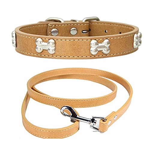 Yiwong PU Hundehalsband Verstellbar + Hundeleine, Hochwertiges Hundehalsband aus PU-Legierung, Hundehalsbänder für Katzen Kleine mittelgroße Hunde Welpen (L, Beige) von Yiwong