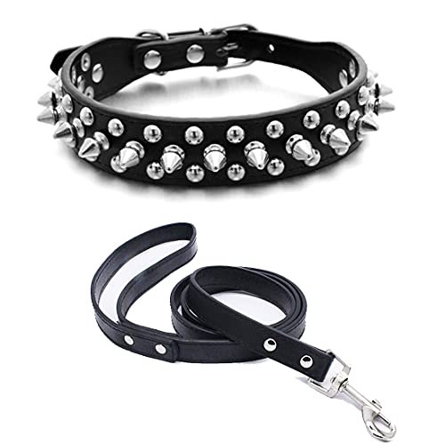 Yiwong Spiked Leather Hundehalsband Leine Set, Bullet Nail Rivet Hundehalsband, Hundehalsband aus Leder mit Nieten, für mittelgroße, Pitbull, englische Bulldogge (L, Schwarz) von Yiwong