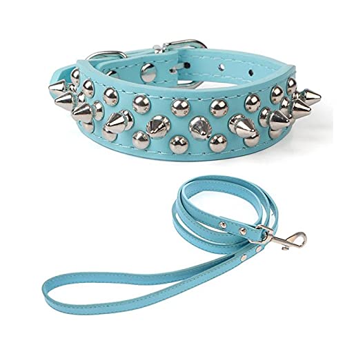 Yiwong Spiked Leather Hundehalsband Leine Set, Bullet Nail Rivet Hundehalsband, Hundehalsband aus Leder mit Nieten, für mittelgroße, Pitbull, englische Bulldogge (S, Blau) von Yiwong