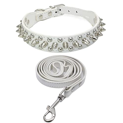 Yiwong Spiked Leather Hundehalsband Leine Set, Bullet Nail Rivet Hundehalsband, Hundehalsband aus Leder mit Nieten, für mittelgroße, Pitbull, englische Bulldogge (XS, Weiß) von Yiwong