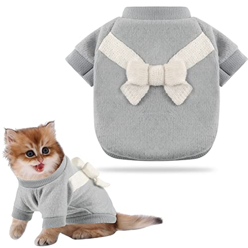 Warm Haustier Pullover für Welpen Katzen Winter Hunde Strickwaren mit Schleife Welpen Sweater Klein Hundemantel Hundebekleidung für Chihuahua Yorkshire Weihnachten (Grau, Weiß) von Ylinge