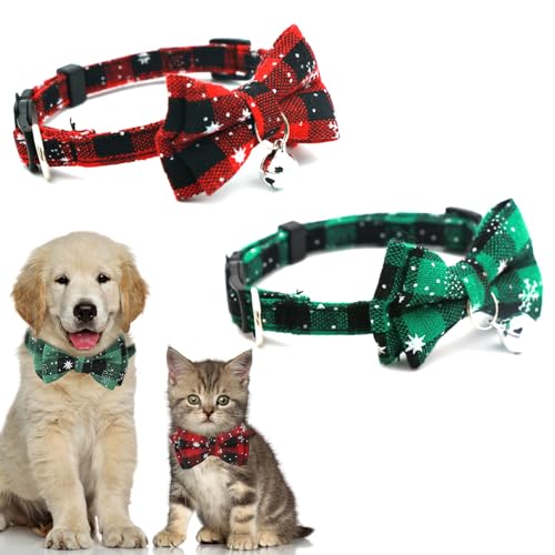 2 x Weihnachts-Halsbänder mit Glöckchen, verstellbare Katzenhalsbänder mit Schnellverschluss-Schnallen, weihnachtliches rot-grünes Karomuster, Kätzchen-Halsband, Fliege, Katzen-Hund, von Ymxil