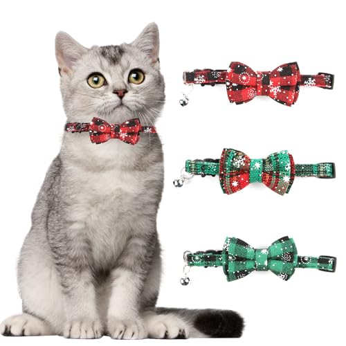 3Stk Weihnachten Katze Halsband Verstellbar, Rote Grüne Karierte Schneeflocken Katzenhalsbänder mit Fliege & Glocken Weihnachten Katzenkostüm Accessories Zubehör, Einfach zu tragen und zu entfernen von Ymxil