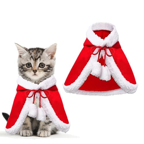 Katzenkostüm Weihnachten, Weihnachtskostüm Katzen Hundekostüm Rot Plush Warm Weihnachten Kleidung Haustier Weihnachtsmütze Verstellbarer Umhang Christmas Party Winter Outfit von Ymxil