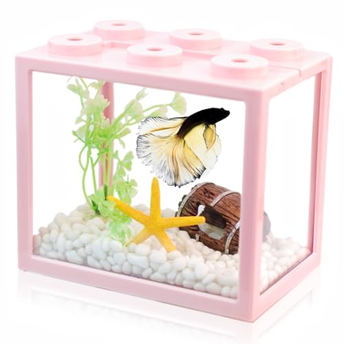 Kleines Betta-Fischtank, stapelbares Mini-Fischtank, kleines Aquarium-Set mit Aquarium-Kies und Harzdekorationen, 1,8 l Würfel, Desktop-Fischglas für Schnecken, Krabben, Seestern (Rosa) von Yobiisolut