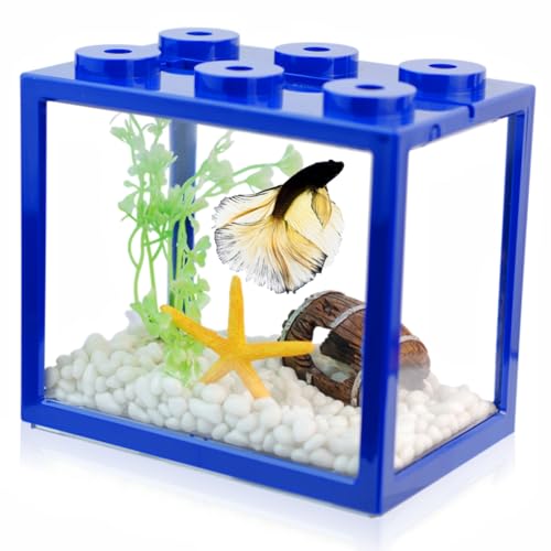 Kleines Betta-Fischtank, stapelbares Mini-Fischtank, kleines Aquarium-Set mit Aquarium-Kies und Harzdekorationen, 1,8 l Würfel, Desktop-Fischglas für Schnecken, Krabben, Seesterne (blau) von Yobiisolut
