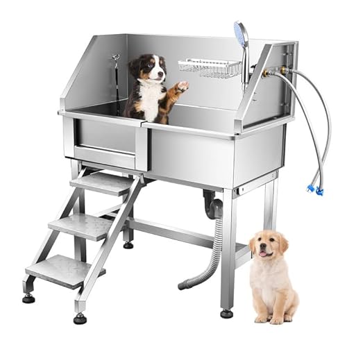 Yokrawpet Hundewaschstation, 86,4 cm, Hundepflege, Wanne, Edelstahl, Hundewaschstation für kleine Haustiere, Hundebadewanne mit Wasserhahn, begehbarer Rampe und Zubehör (linke Tür) (klein) von Yokrawpet