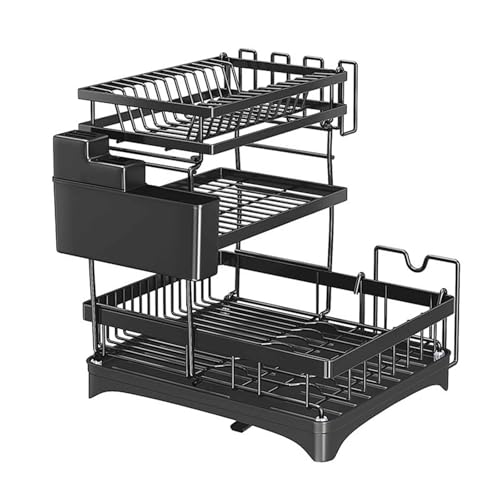 Yolispa Abtropfgestell Geschirr 3- stufiger Geschirrabtropfgestell Große Kapazität Abtropfgestell Geschirrabtropfgestell klein ür die Küchentheke mit Abtropffläche und Utensilienhalterung von Yolispa