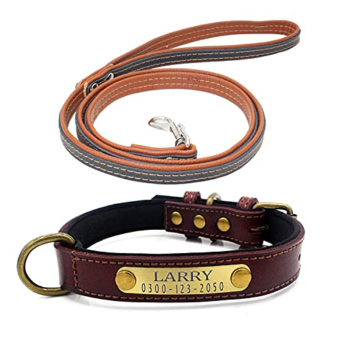 Weich Gepolstertes Hundehalsbänder und Leine Personalisierte Leder mit Namen und Telefonnummer Braun Welpen Halsband für Kleine Mittlere Große Hunde M 1,8 cm Breit Verstellbar 29-38 cm von Yonsbox