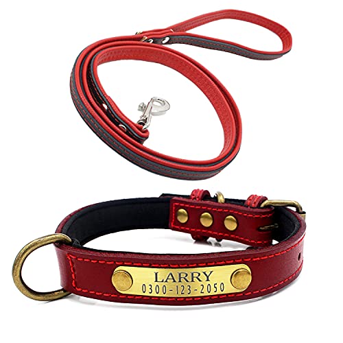 Weich Gepolstertes Hundehalsbänder und Leine Personalisierte Leder mit Namen und Telefonnummer Rot Welpen Halsband für Kleine Mittlere Große Hunde M 1,8 cm Breit Verstellbar 29-38 cm von Yonsbox