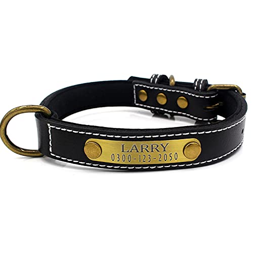 Weich Gepolstertes Hundehalsbänder und Leine Personalisierte Leder mit Namen und Telefonnummer Schwarz Welpen Halsband für Kleine Mittlere Große Hunde L 2,3 cm Breit Verstellbar 37-47 cm von Yonsbox