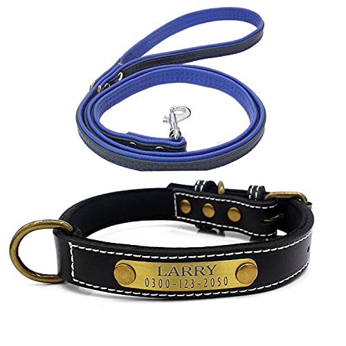 Weich Gepolstertes Hundehalsbänder und Leine Personalisierte Leder mit Namen und Telefonnummer Schwarz Welpen Halsband für Kleine Mittlere Große Hunde L 2,3 cm Breit Verstellbar 37-47 cm von Yonsbox