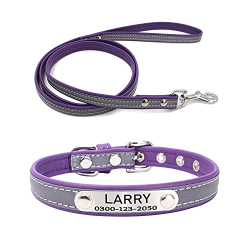 Yonsbox Mikrofaser Reflektierend Katzenhalsband Hundehalsbänder und Leine Personalisierte mit Namen und Telefonnummer Katzen Welpen Halsbänder für Kleine Mittlere Große Hunde 1,5CM Breit Verstellbar 22-28CM von Yonsbox