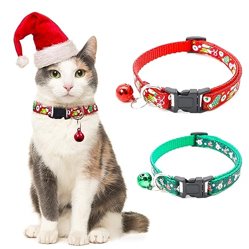 Yoolhamy 2 Pcs Weihnachten Katze Halsbänder Schnellspanner mit Glocke Einstellbare Kätzchen Halsband Grün und Rot Breakaway Katze Halsband Xmas Dekoration für Welpen Hunde Zubehör von Yoolhamy