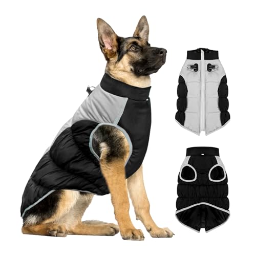 Yoolhamy Hundewintermantel wasserdichte warme Hundejacken mit Geschirr Loch und reflektierende Haustier Mäntel Outdoor-Sport-Kleidung gemütliche Fleece gefüttert mittlere große Hunde (Schwarz, 3XL) von Yoolhamy