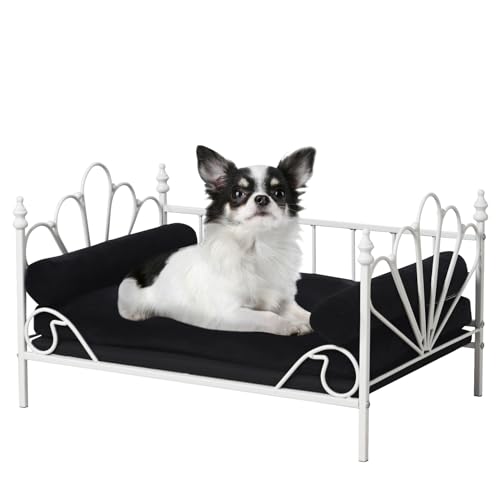 Haustier-Sofa, Katzenbett, Hundebett mit Metallrahmen und abnehmbarem weißem Samtkissen mit 2 Kissen für kleine Hunde (weiß) von Yoonnie room